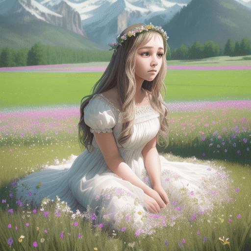 AI generated: Valley, mountains in background, field of flowers, young princess girl, long white dress, wearing fl...