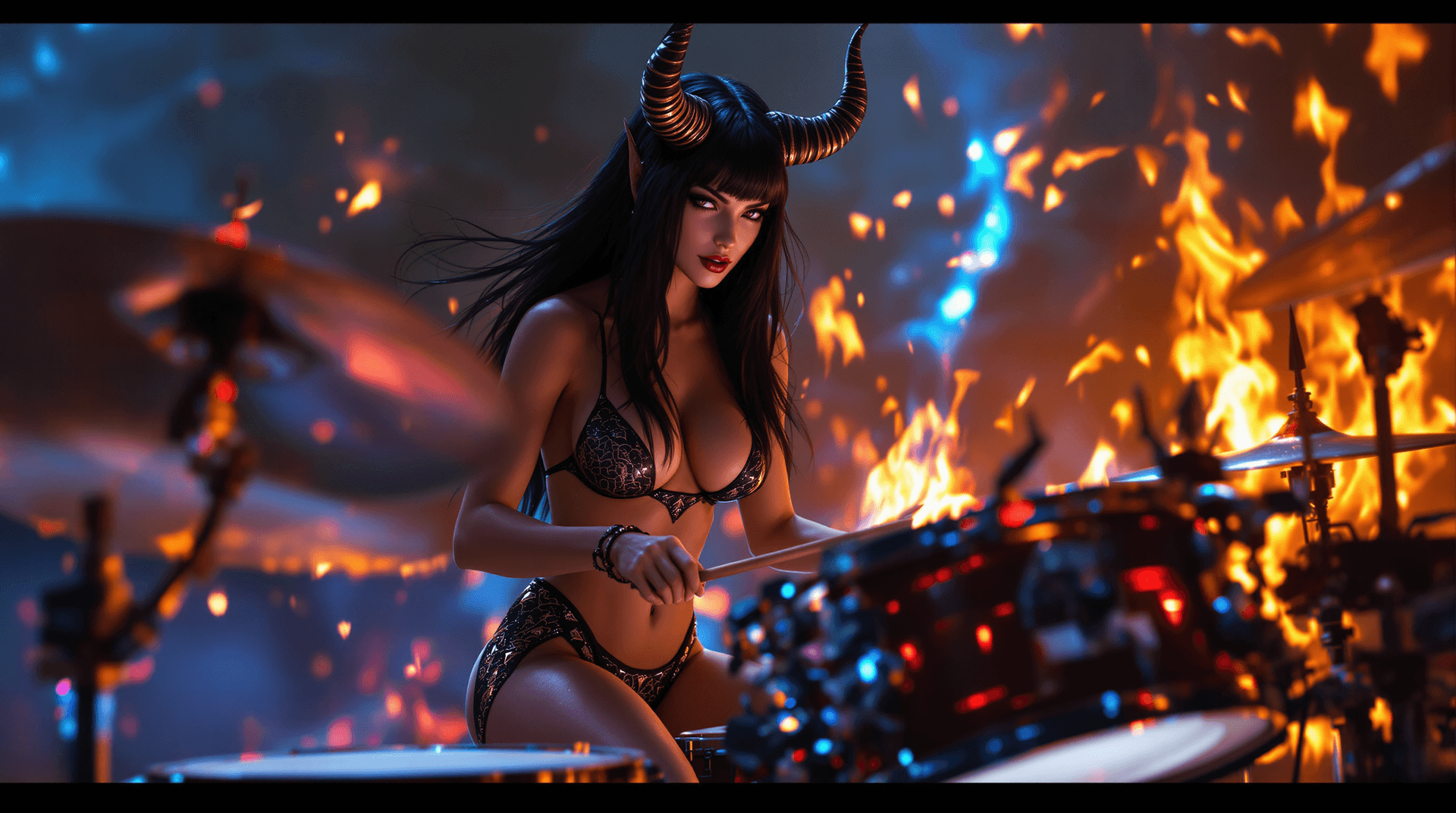 AI generated: Female demon character, a statuesque and athletic figure with a heart-shaped face, sharp, choppy ban...