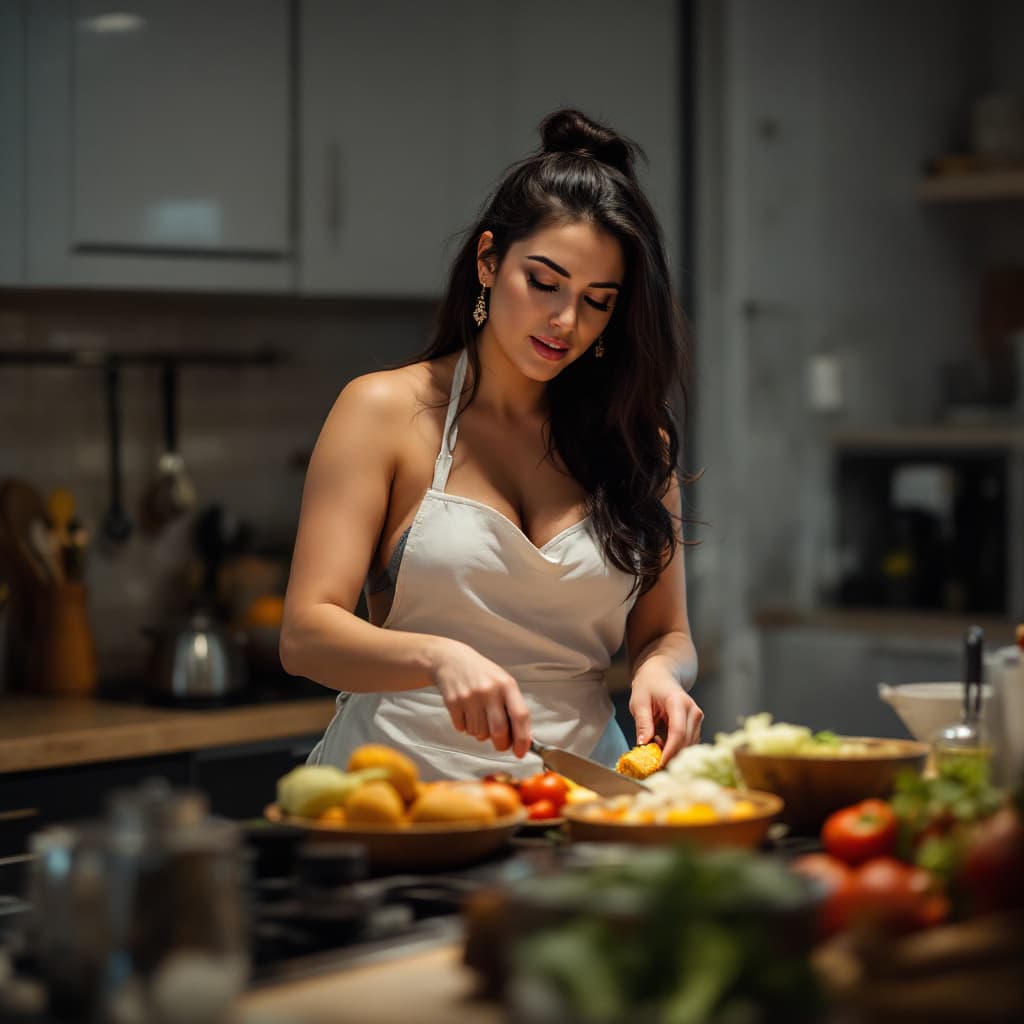 AI generated: female,angelawhite, a wife cooking dinner ,wearing nothing but a small apron , (edge lighting:0.5) <...