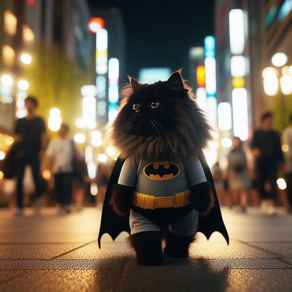 AI generated: An adorable fluffly black cat walking in tokyo street. wearing a batman-like costume, illuminating b...