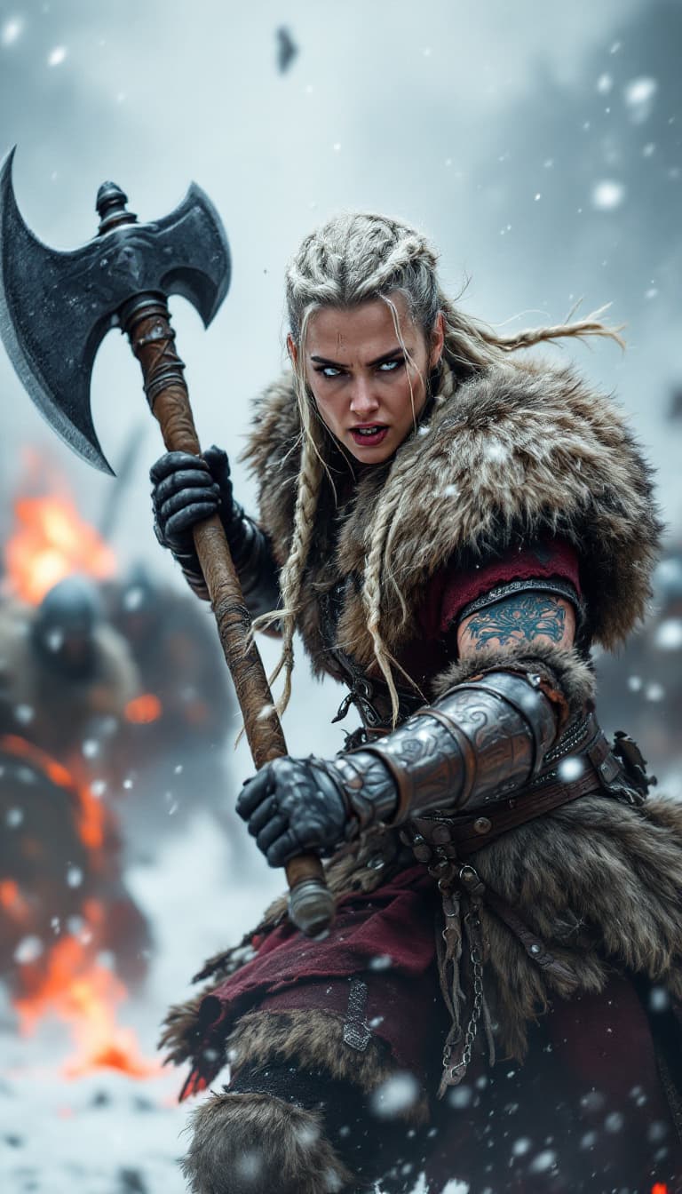 AI generated: A fierce Viking warrior woman with long braided blonde hair and intricate tattoos on her arms, charg...