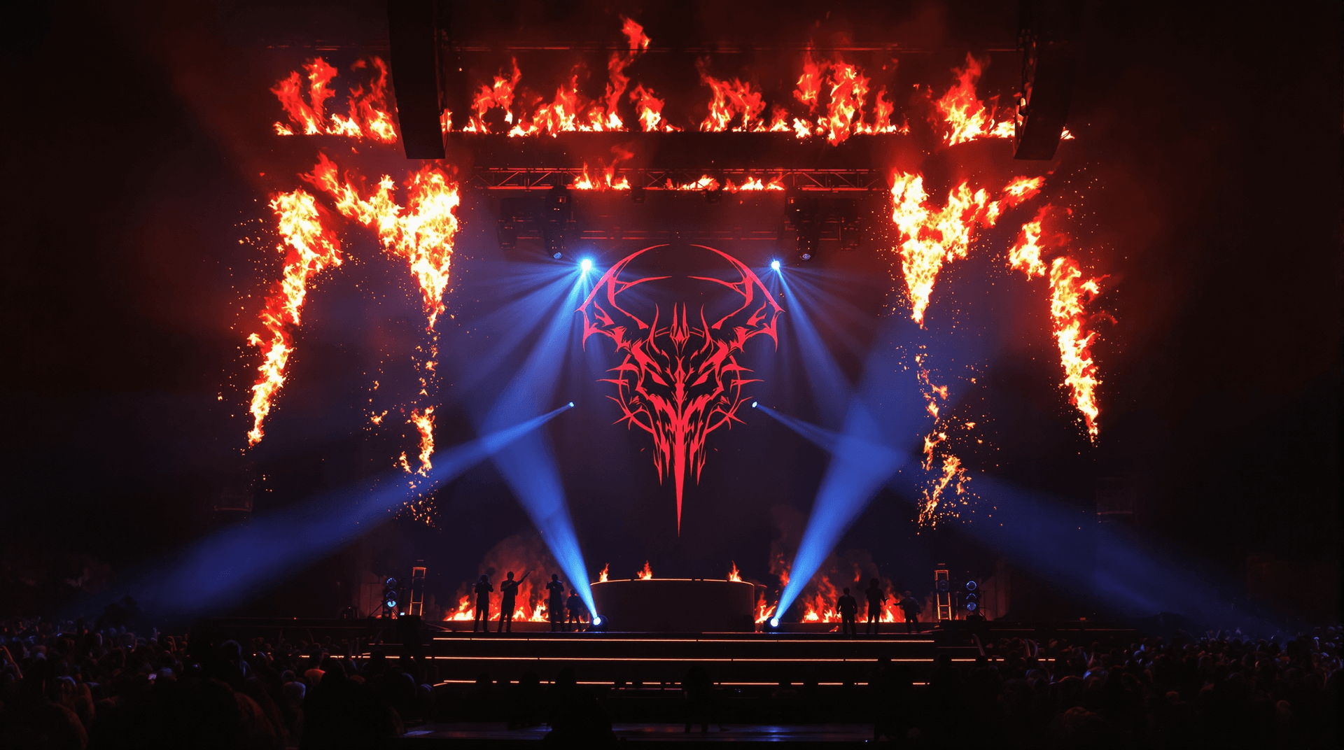 AI generated: A wide shot of the stage with mounting hellfire, demonic symbols appearing in the flames, dramatic l...