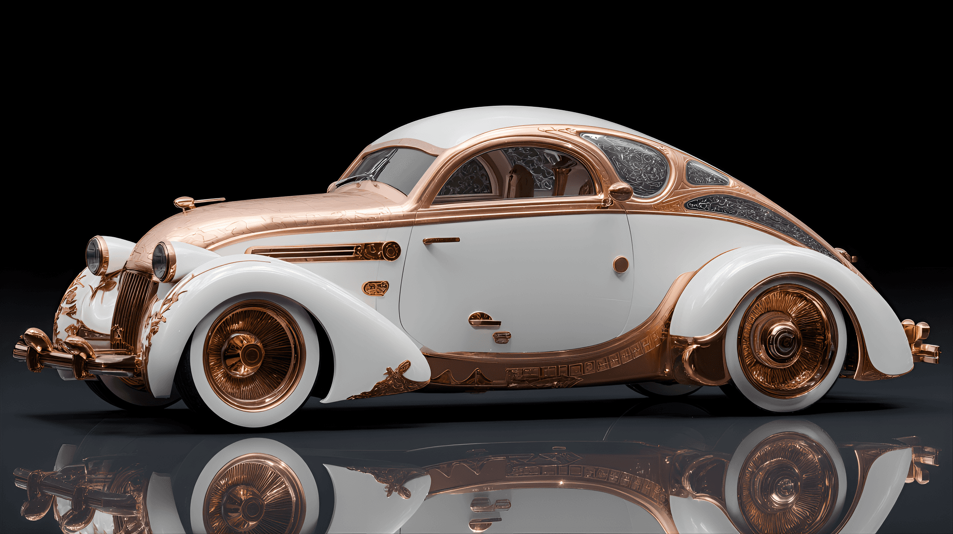 AI generated: Custom-designed, classic car, immaculate detail,  ornate copper and white,  low angle,  studio shot,...