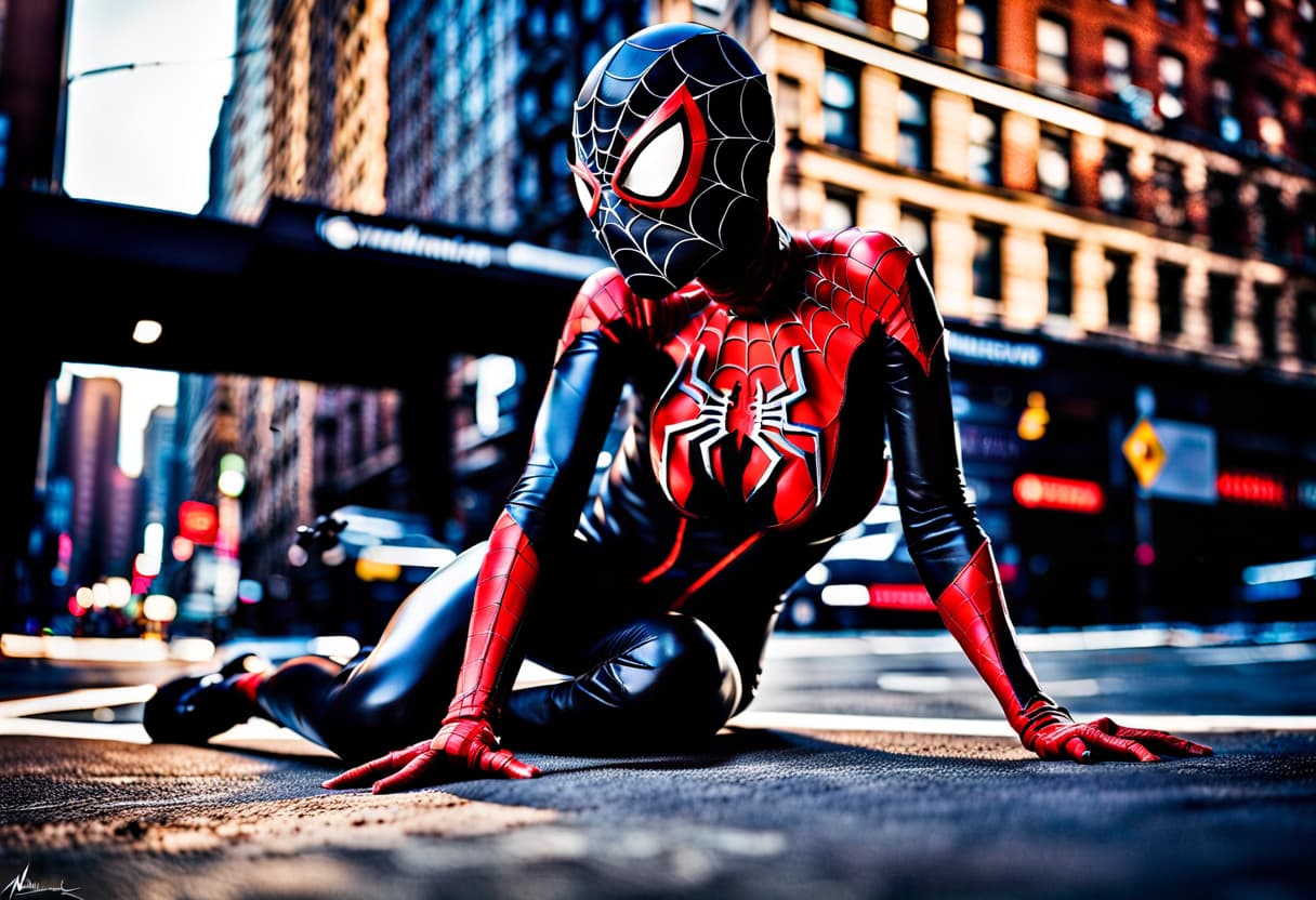 AI generated: 200mm RAW portrait photo, spidergirl, (the iconic red and blue livery suit), dynamic pose, anatomica...