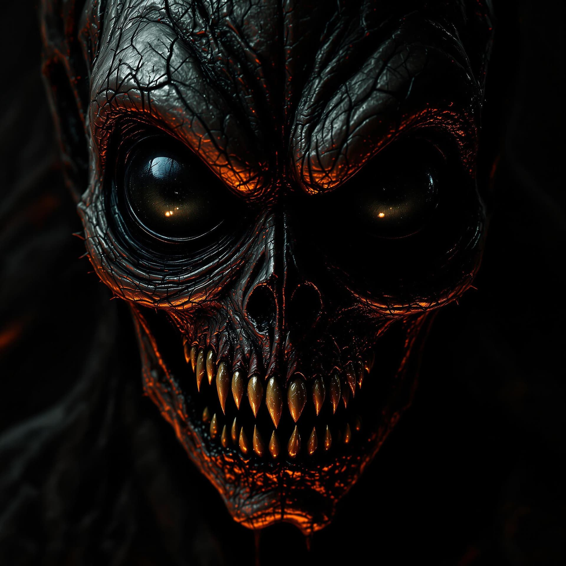 AI generated: the personified face of immortal evil and horror;  the panic inducing huge blackholish eyes take mai...