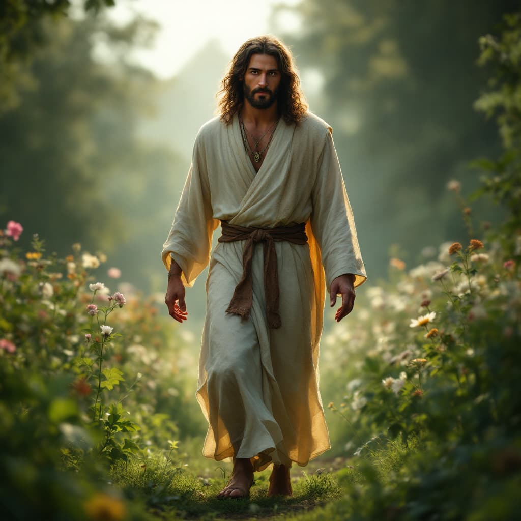 AI generated: Jesus walking in the garden, tender face, front, walking in the landscape. cinematic, hyper realism,...