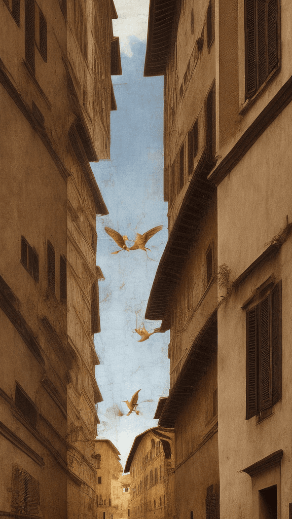 AI generated: Da vinci wallking in the street of Florence, a bird is flying, da vinci is looking at bird, warm wea...