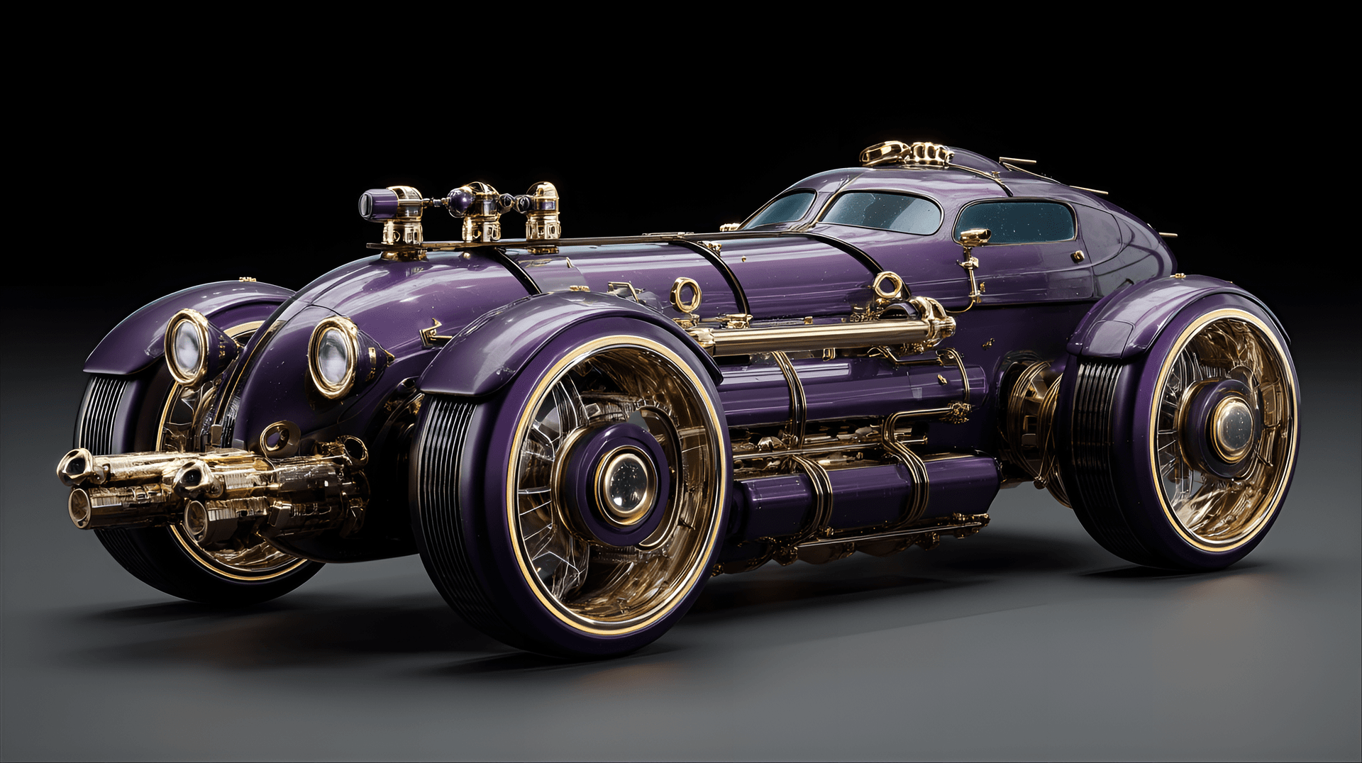 AI generated: Steampunk purple car, detailed,  high-tech,  futuristic,  ornate gold mechanical parts,  glossy purp...