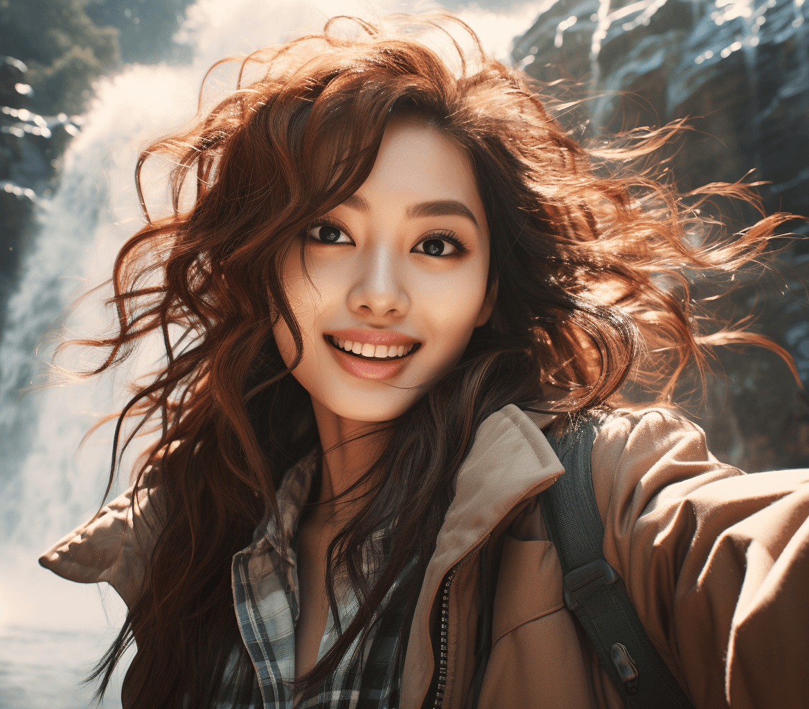 AI generated: a woman is taking a selfie near a waterfall, in the style of shige's visual aesthetic style, he jiay...