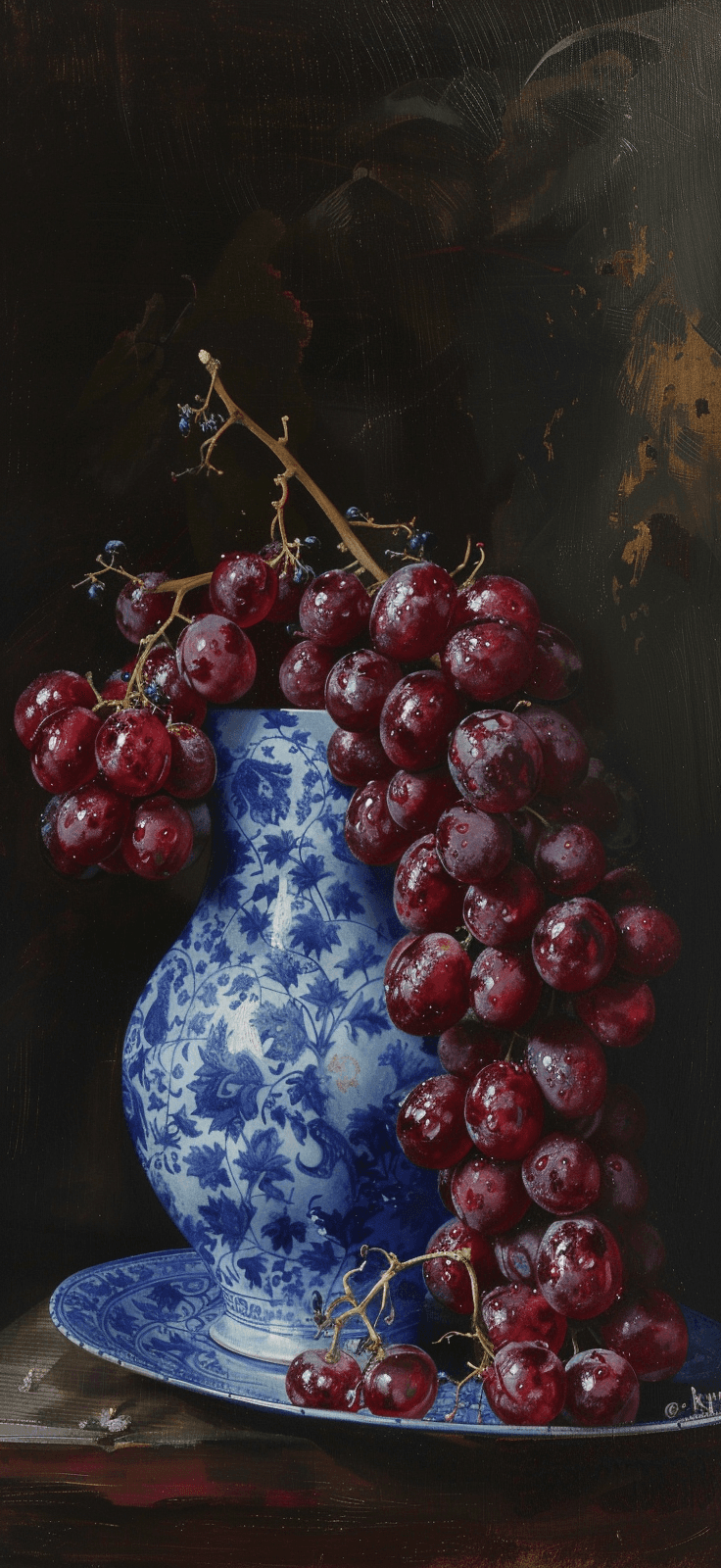 AI generated: ripe red grapes and blue plate in a blue vase android case, in the style of realist detail, albert b...