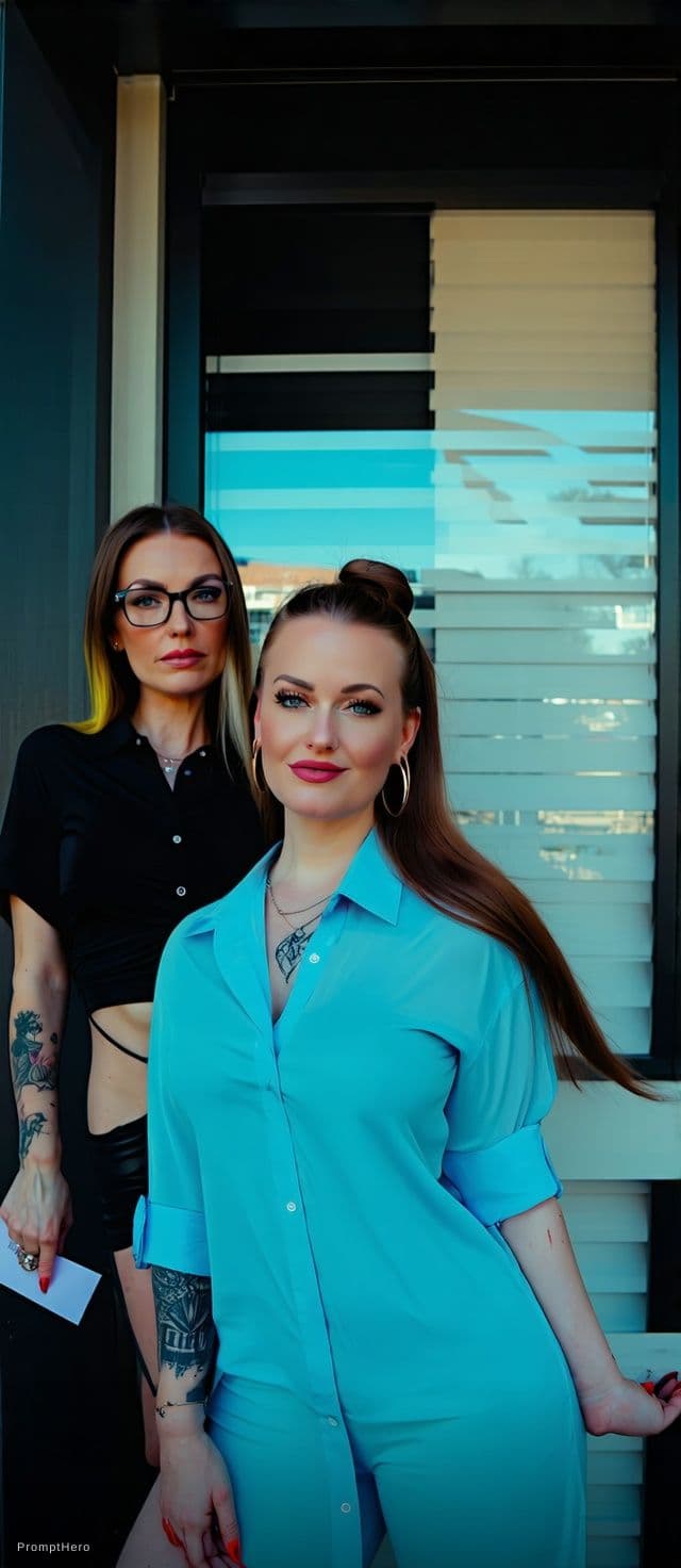 AI generated: Two stunning, attractive women posing together in a bright modern room with white walls and horizont...