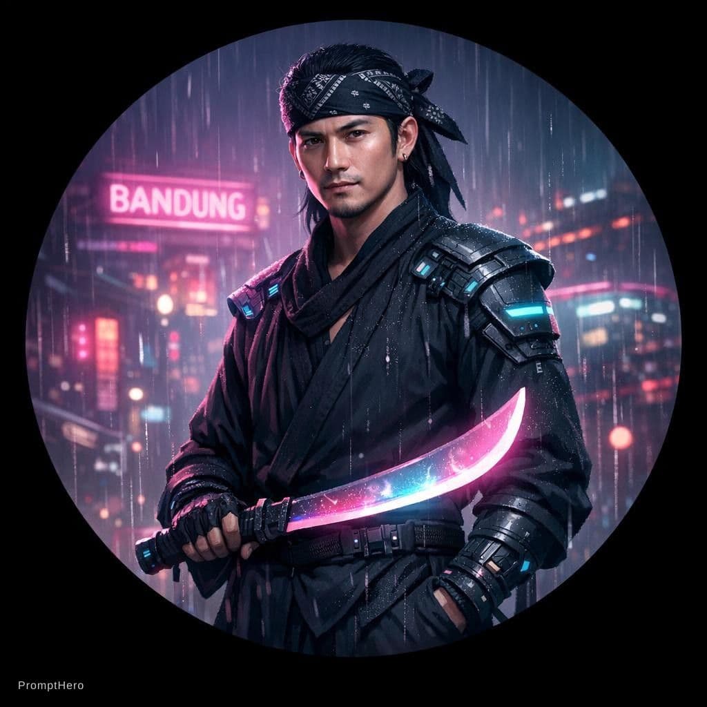 AI generated: cyberpunk Sundanese warrior (jawara), wearing traditional black pangsi outfit with modern cyberpunk ...