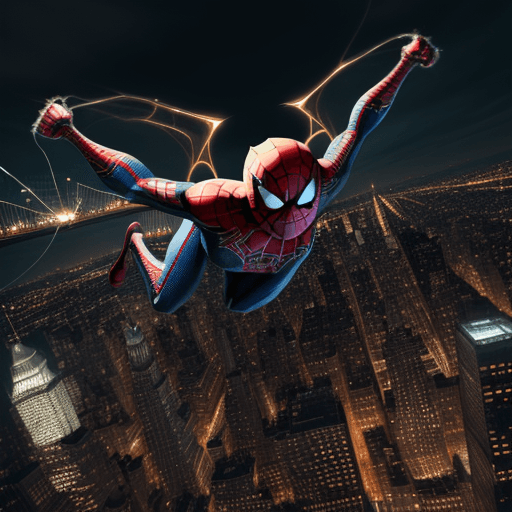 AI generated: the amazing spidercat, superhero, cat dressed in spiderman costume flying over new york city with hi...