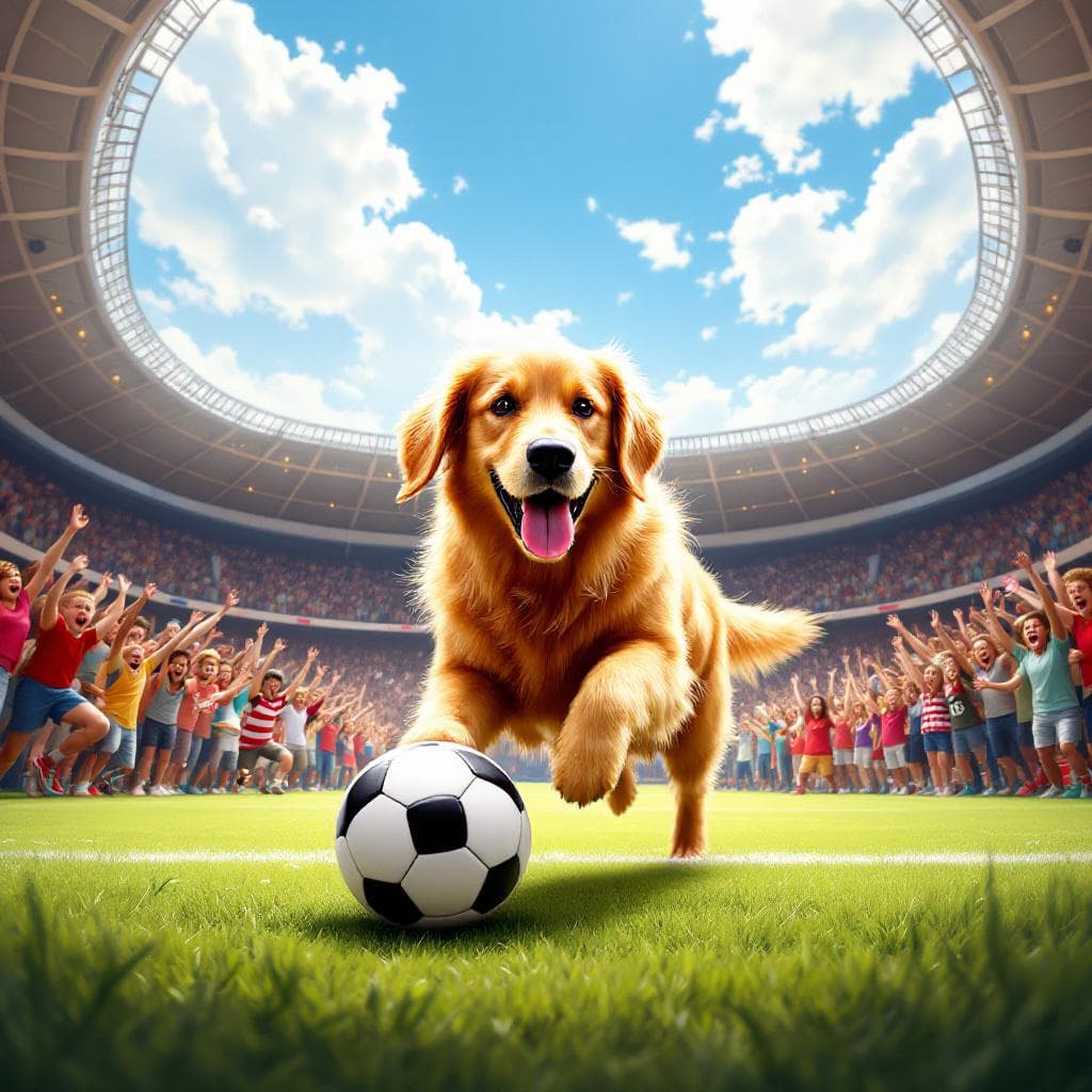 AI generated: "A golden retriever playing soccer in a stadium full of cheering fans." 