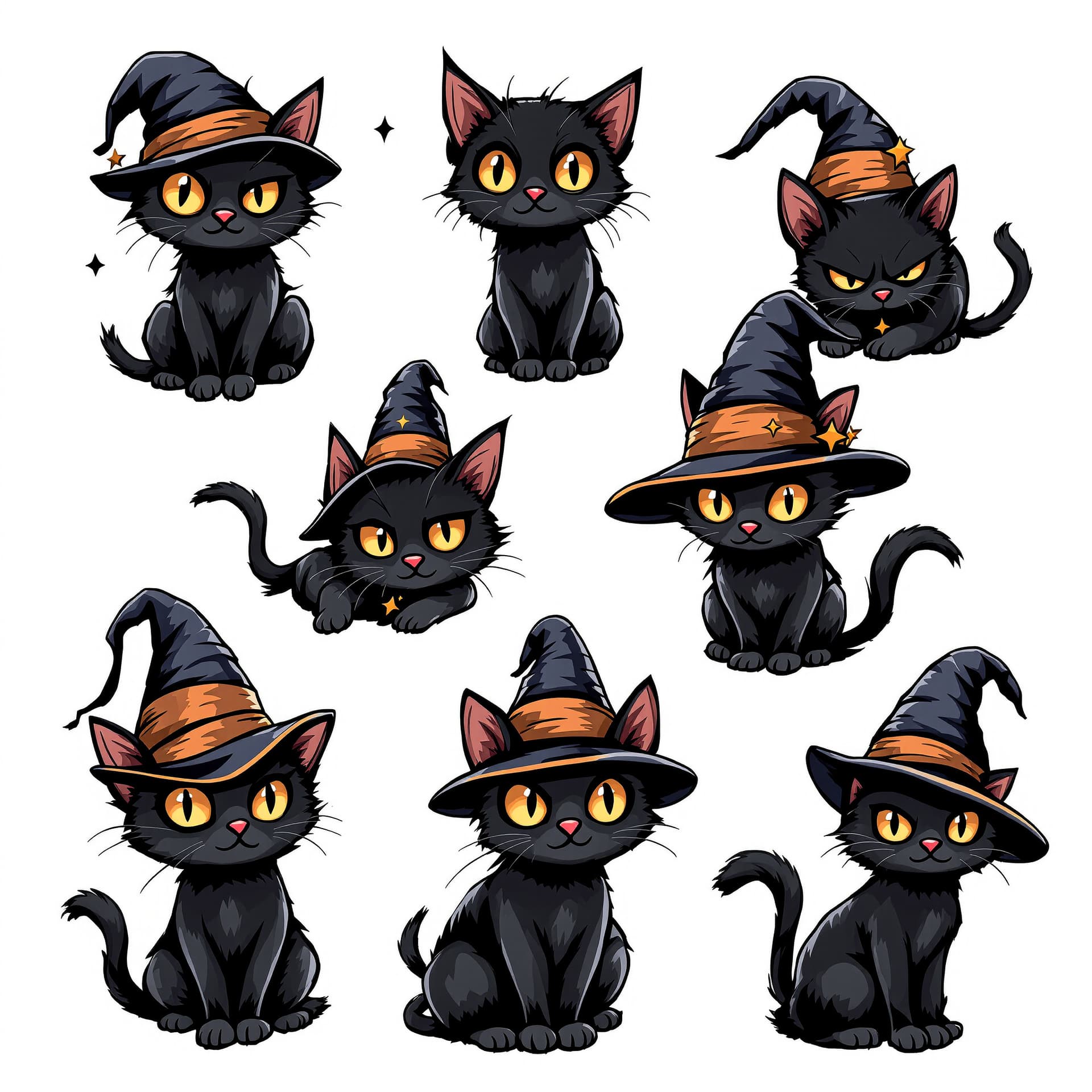 AI generated:  Cartoon black cat with golden eyes and wearing the harry potter sorting hat , multiple poses, whims...