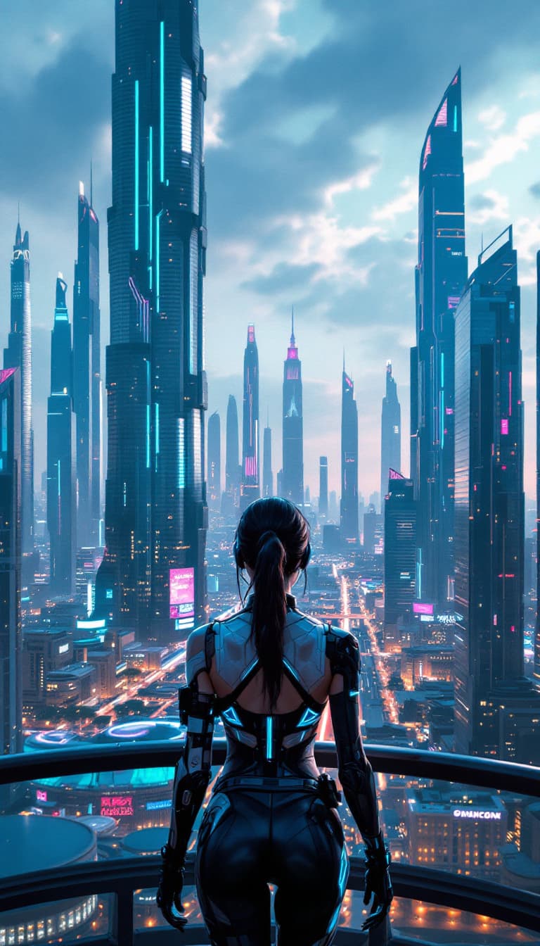AI generated: A visually stunning photo of a female cyberpunk, surveying the futuristic Dubai cityscape | centered...
