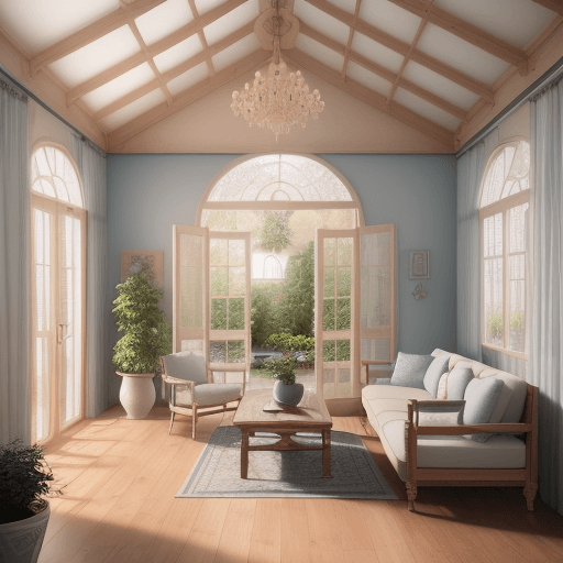 AI generated: High resolution photography interior design, wooden floor, small windows opening onto the garden, fu...