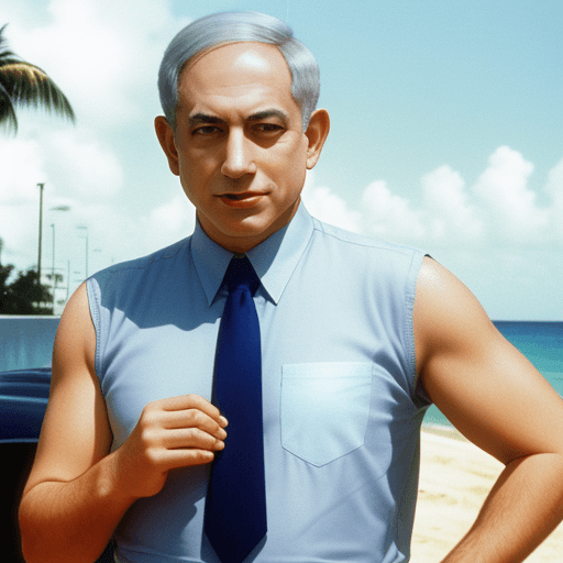 AI generated: Benjamin Netanyahu in 80s Miami Style --ar 9:16
