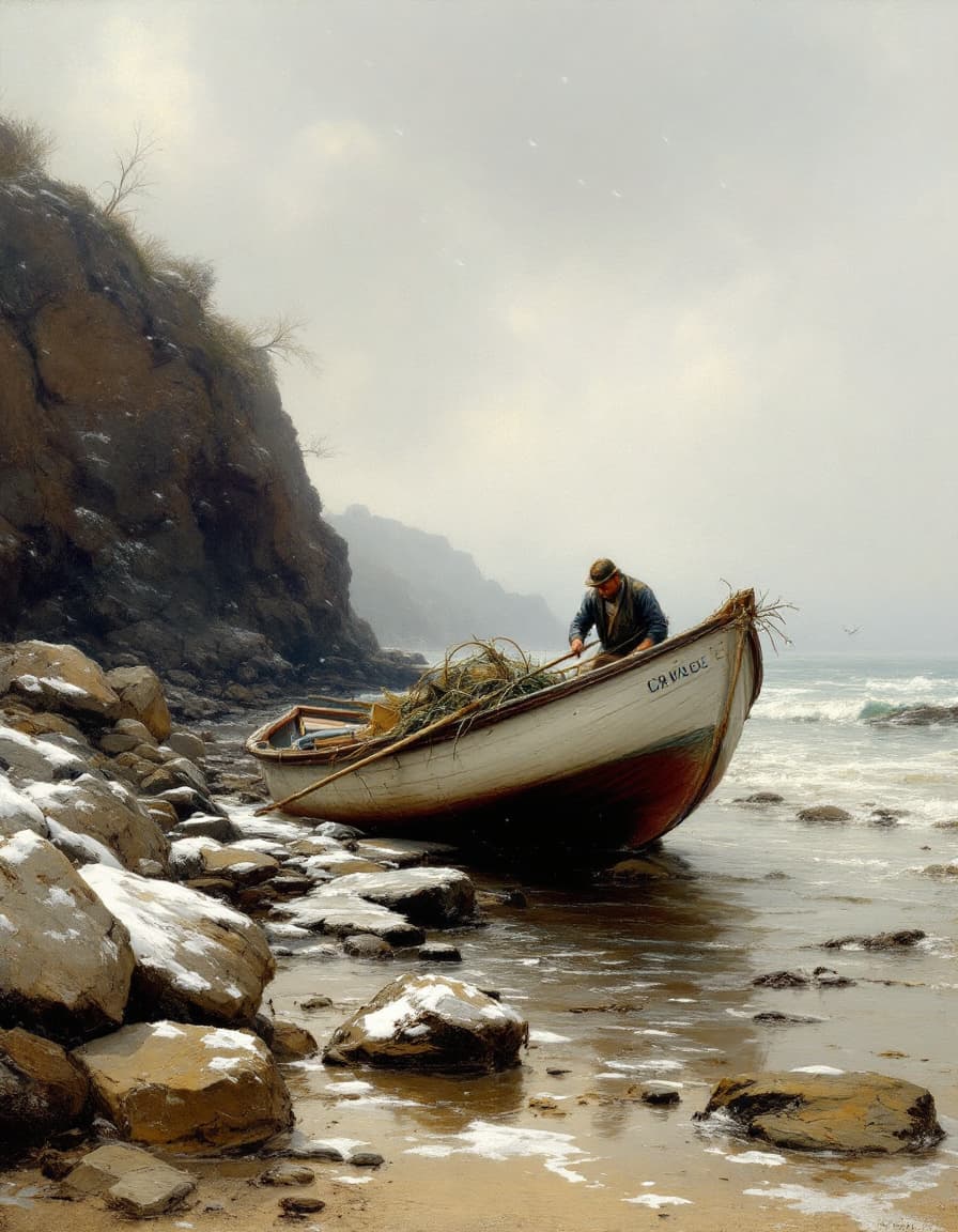 AI generated: A  painting inspired by John Constable of a rocky beach where a rowboat has been hauled out of the w...
