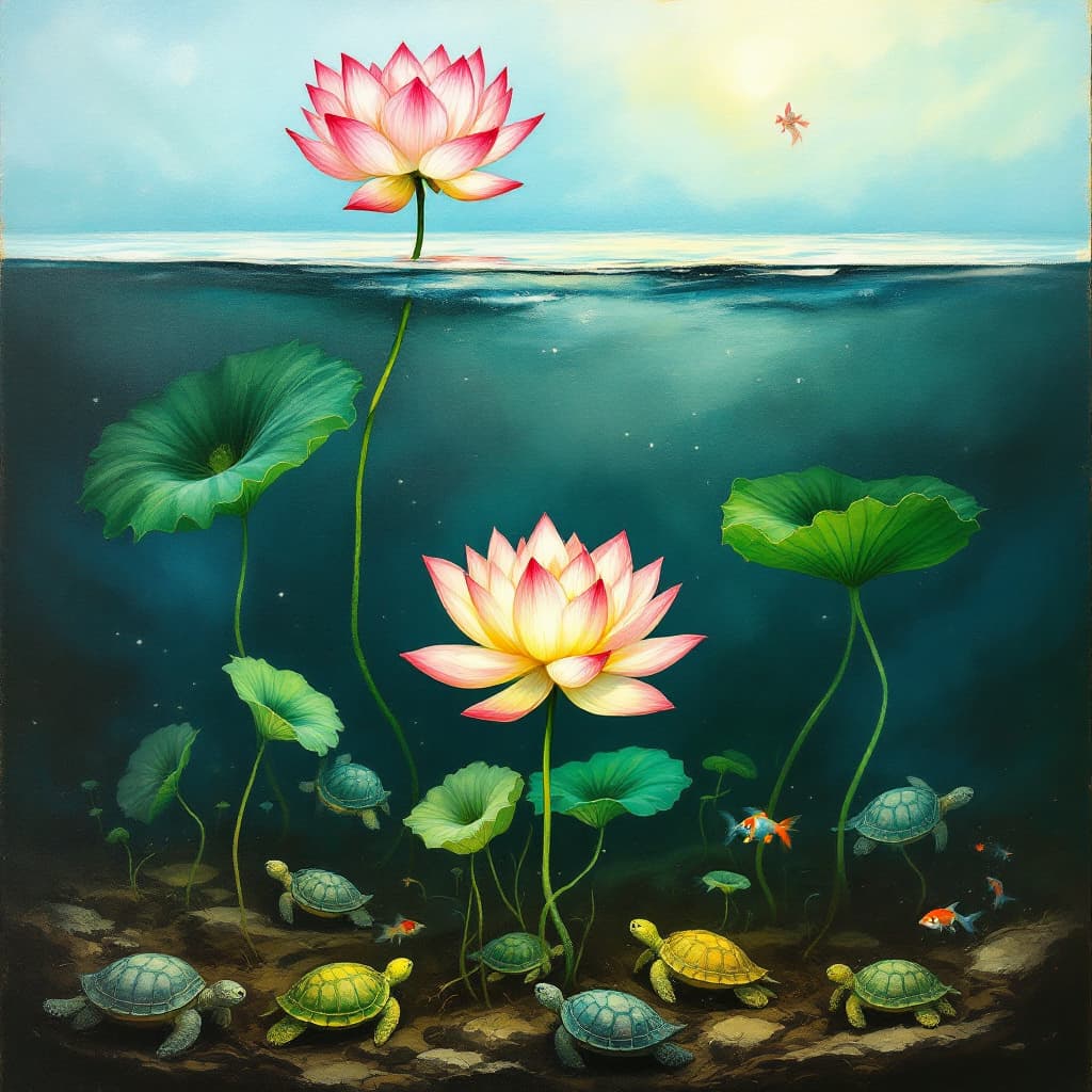 AI generated: A painting of a lotus flower that is blooming and not blooming, above the water, then a lotus stem u...