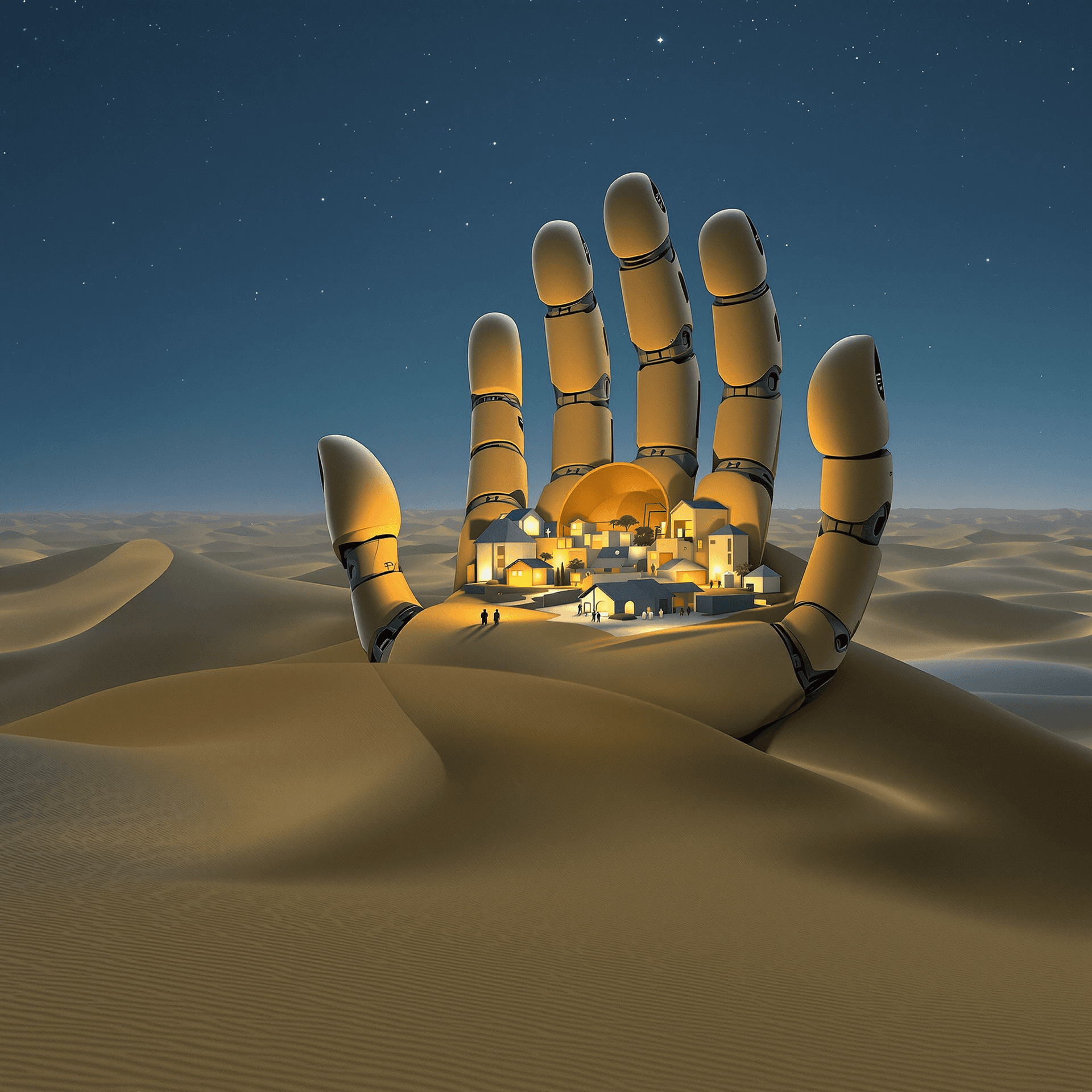 AI generated: minimalist sci-fi scene, colossal mechanical hand emerges from sand dune, fingers curled protectivel...