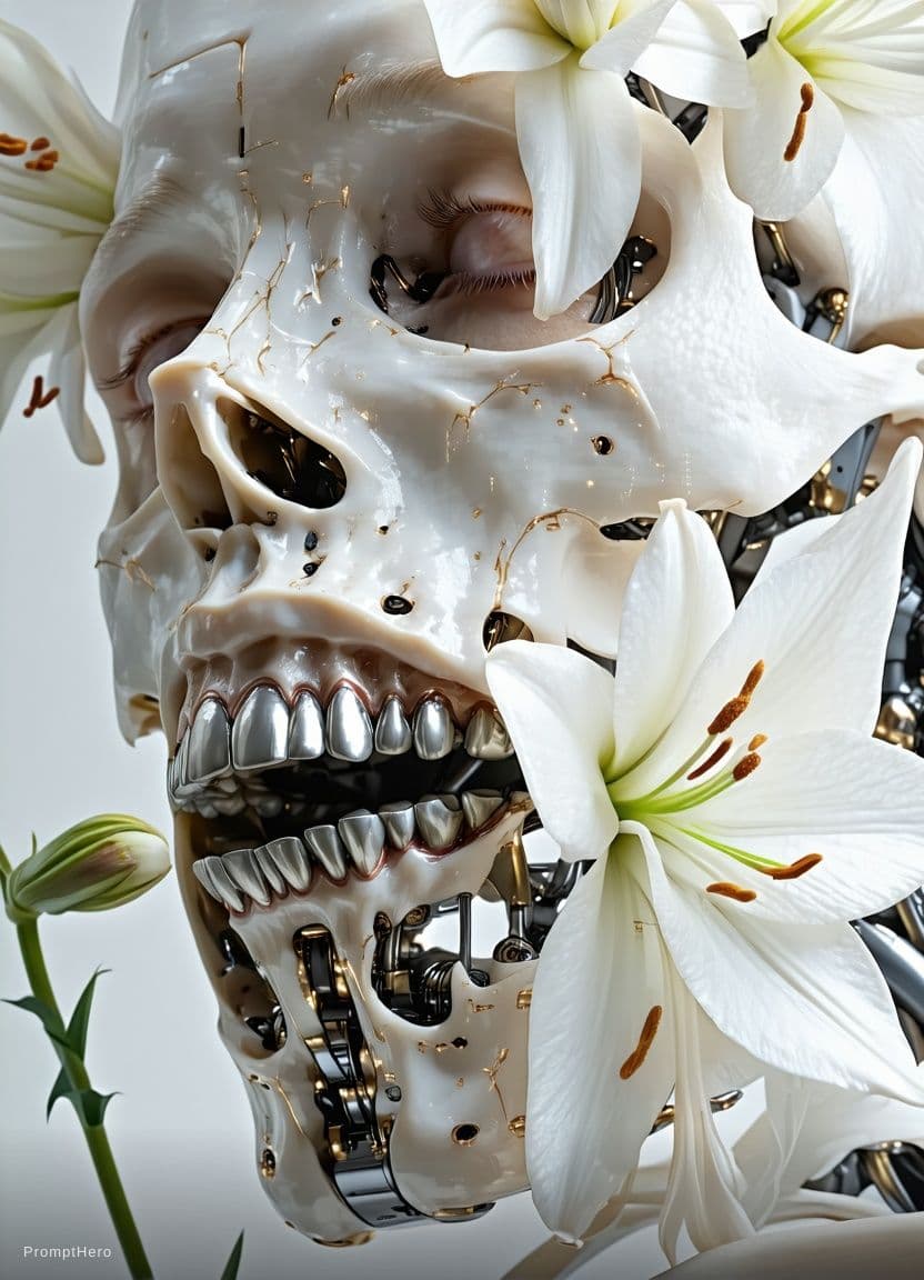 AI generated: realistic render, cyberpunk, front central view, upper-body, skeletal teeth and jaw, reflective blac...