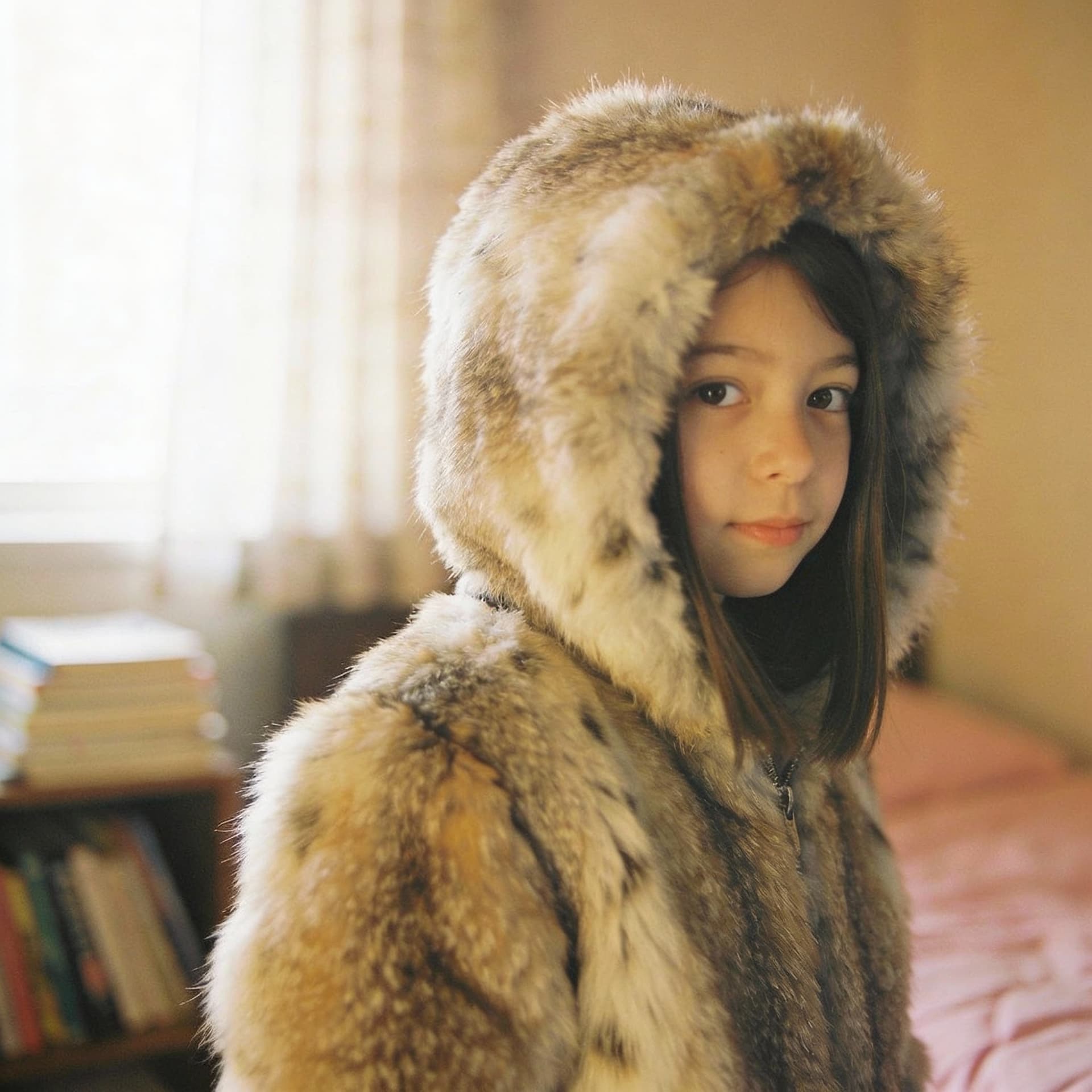 AI generated: 12 year  old  girl wearing ultra thick real hooded  fur jacket  standing  in her room   
