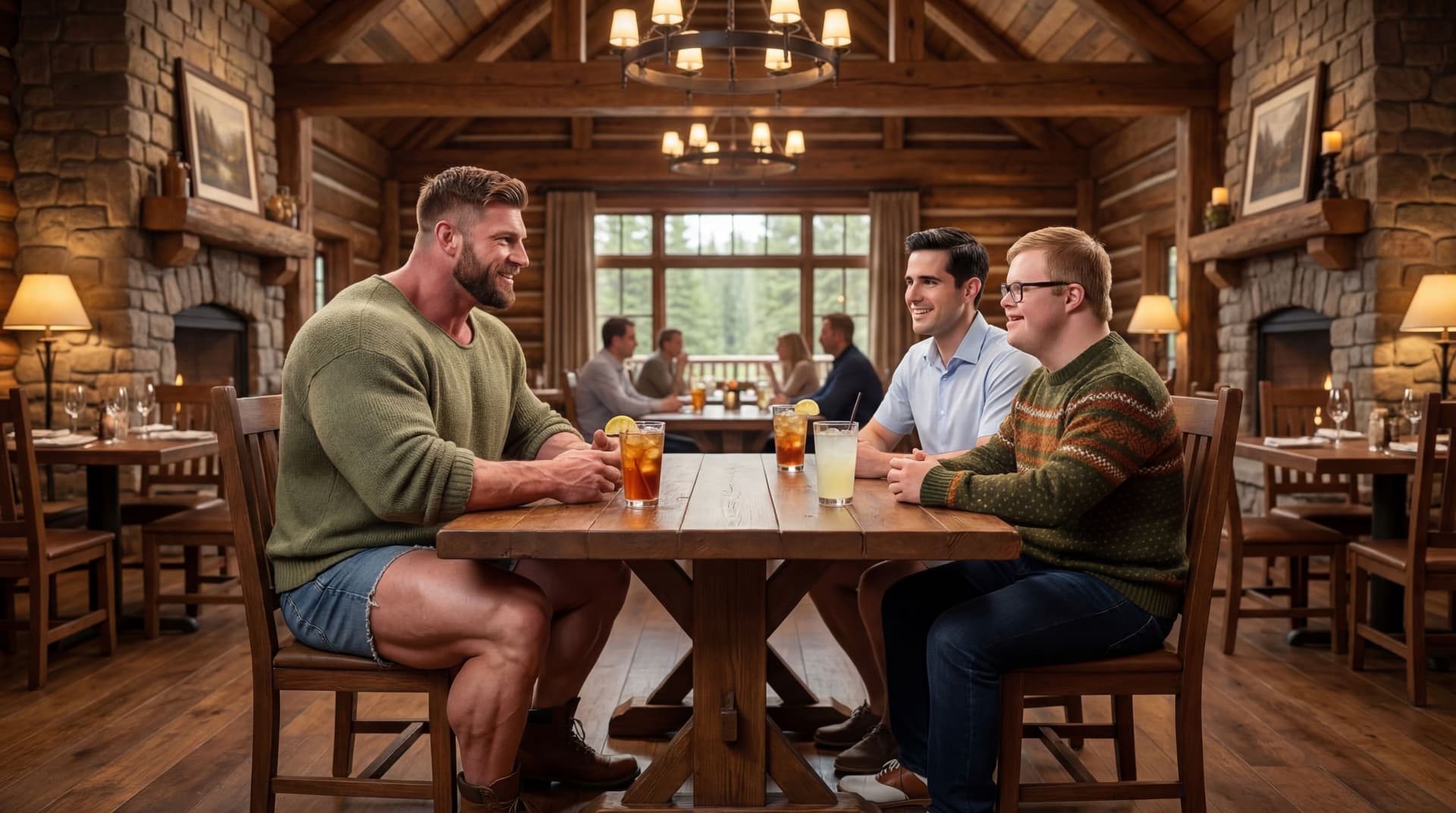 AI generated: At a big and nice Steak House restaurant. The decor is a cabin look. There are a few people in the r...