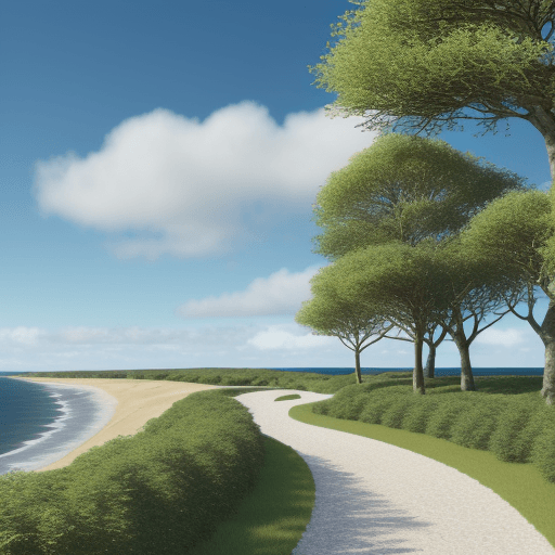 AI generated: landscape with a path that goes towards the sea, passing beautiful realistic trees with white clouds...