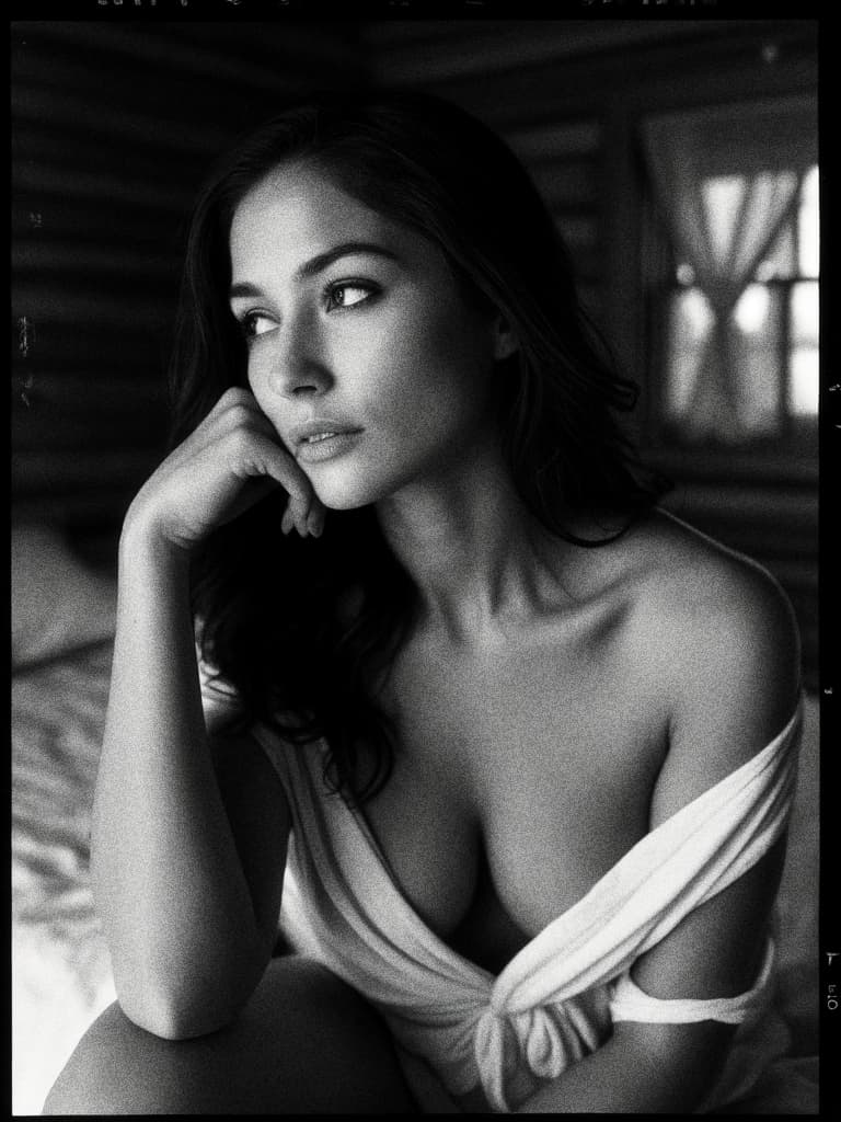 AI generated: A hyperrealistic, fine art black-and-white portrait capturing an introspective moment, with a woman ...