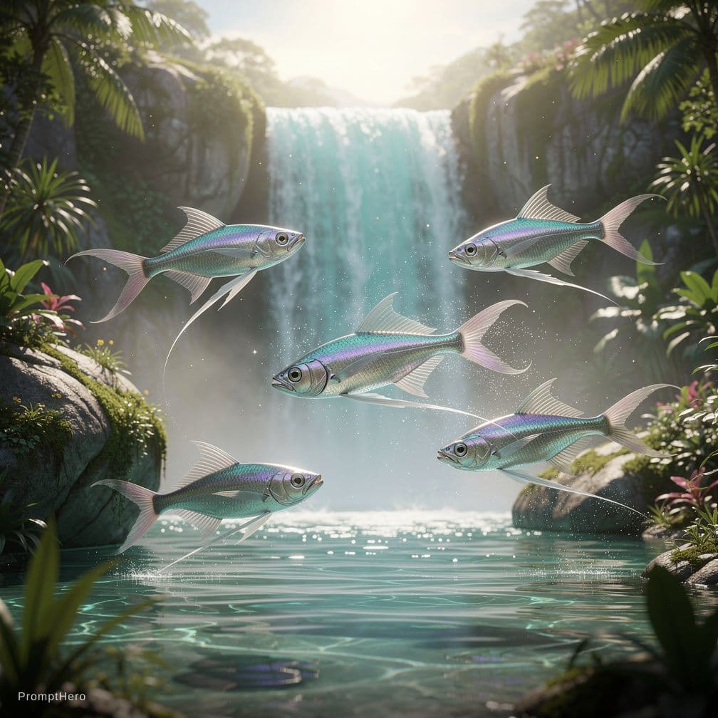 AI generated: Una cascada azul turquesa con peces voladores 