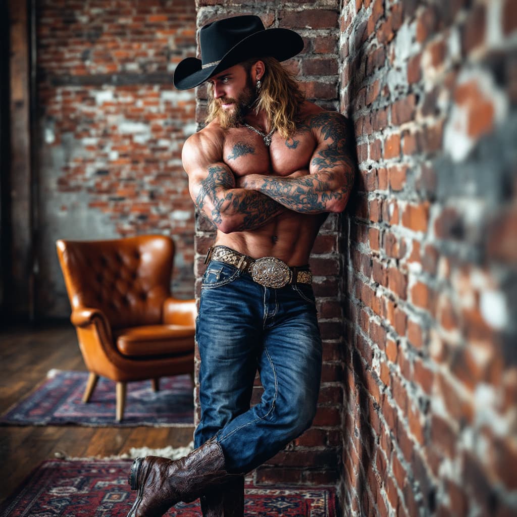 AI generated: Full face on view of whole body, Cowboy looking at me from across the room leaning on brick wall, ol...