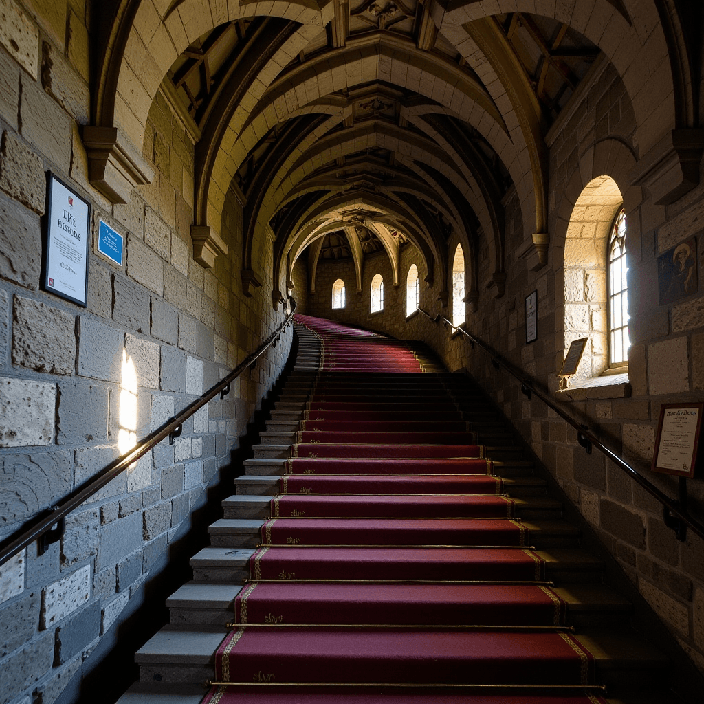 AI generated: Eine groÃe, alte Treppe, die von der Zeit geglÃ¤ttet wurde und von einer dunklen Krypta nach oben z...