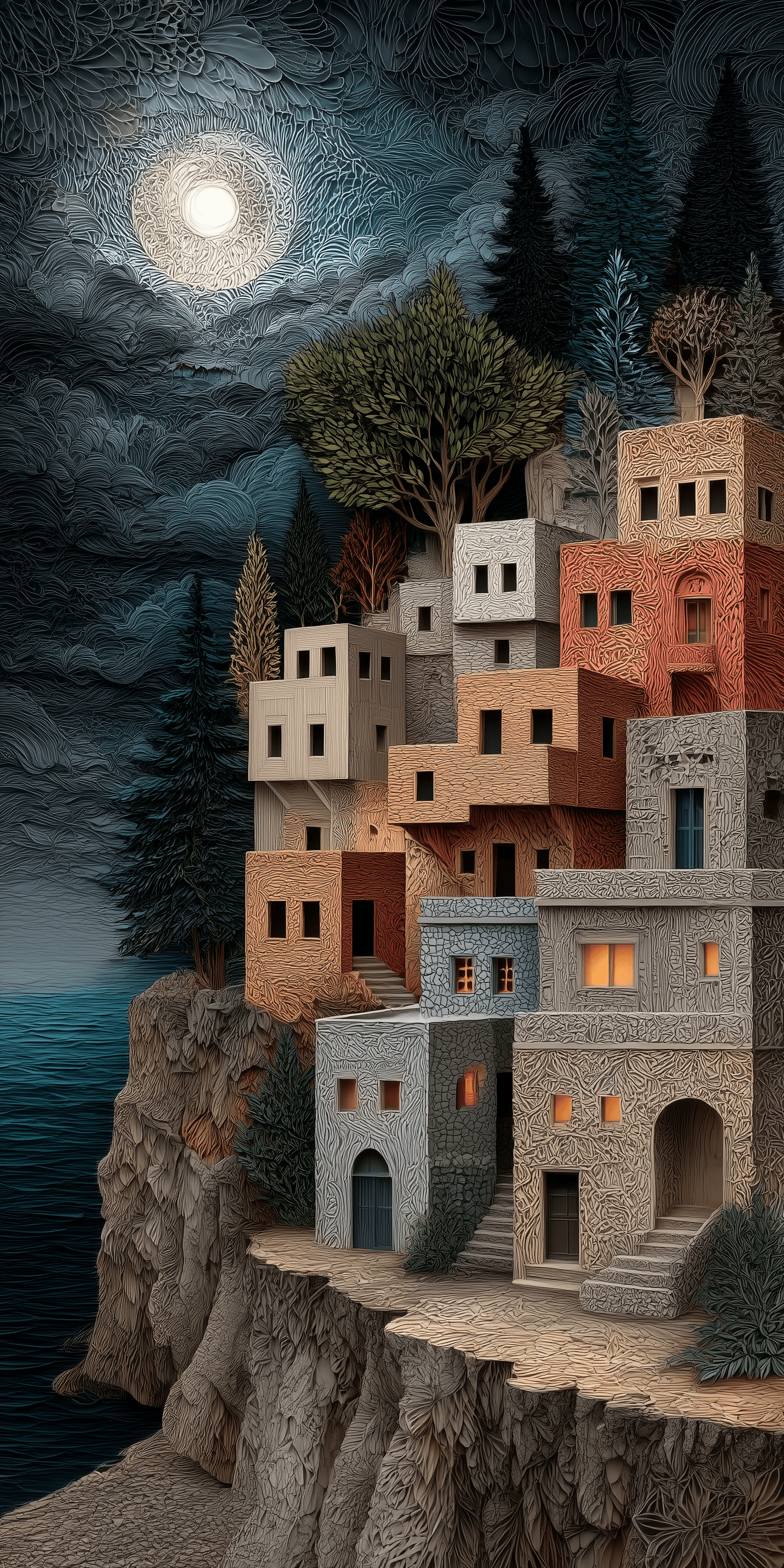 AI generated: A colorful paper cutout drawing of the small village on top of a cliff in Amman, Jordan, overlooking...