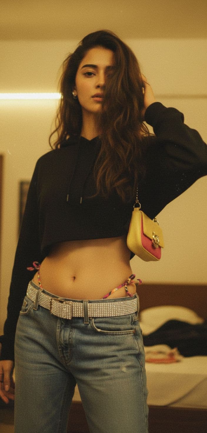 AI generated: a lo-fi 2010s-era, diagonally taken, low-quality iPhone photo of a 20-year-old baddie. The shot is i...