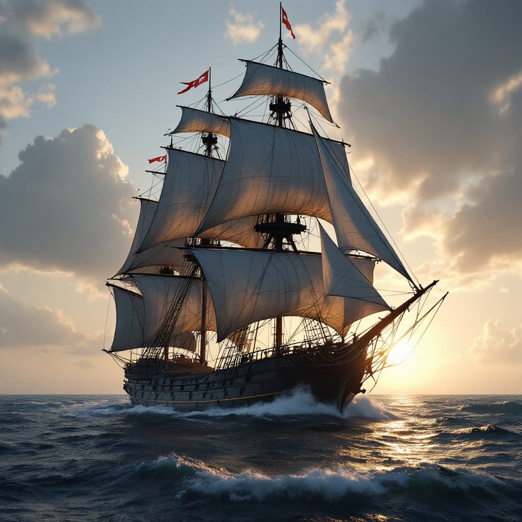 AI generated: Photo of a ultra realistic sailing ship, dramatic light, pale sunrise, cinematic lighting, battered,...