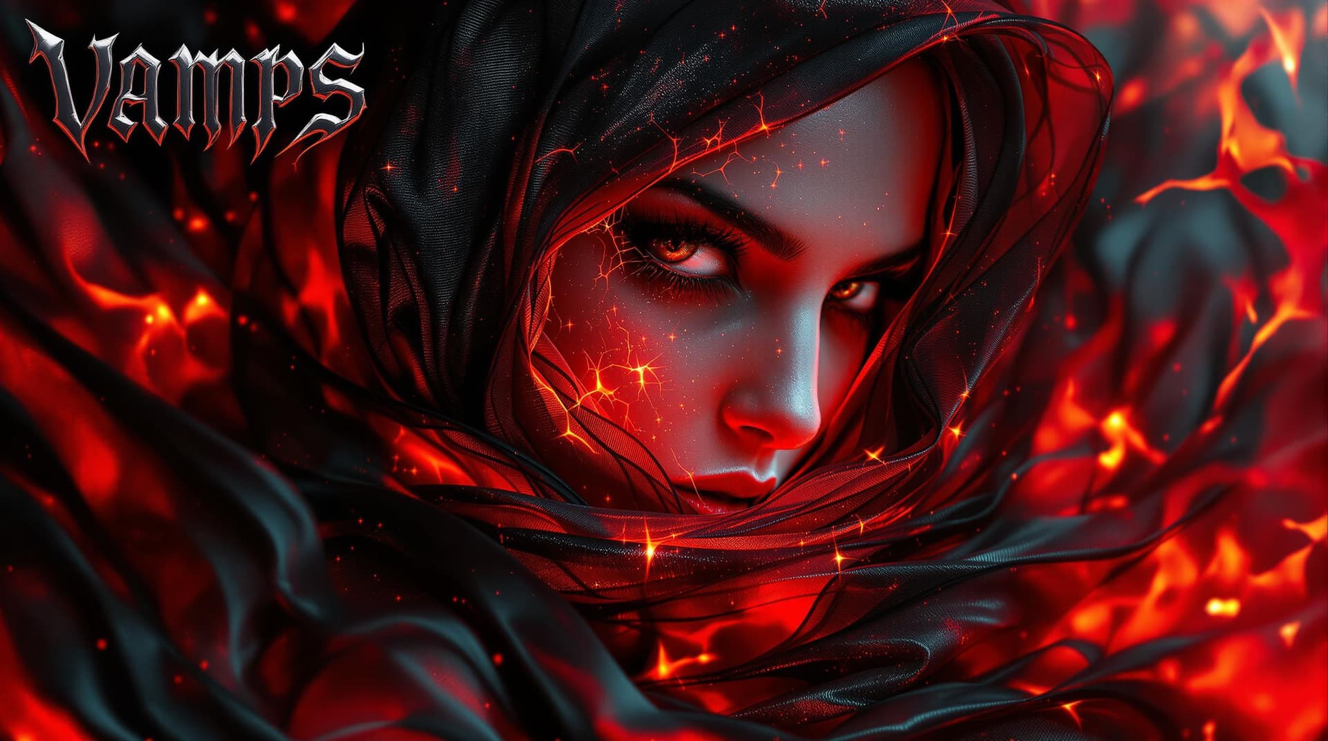 AI generated: VAMPS  horror magazine cover features a mesmerizing close up of  woman wrapped in a   red and black ...