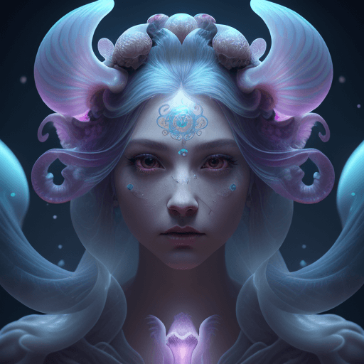 AI generated: Goddess close-up portrait ribcagel. jellyfish phoenix head, nautilus, orchid, skull, betta fish, bio...