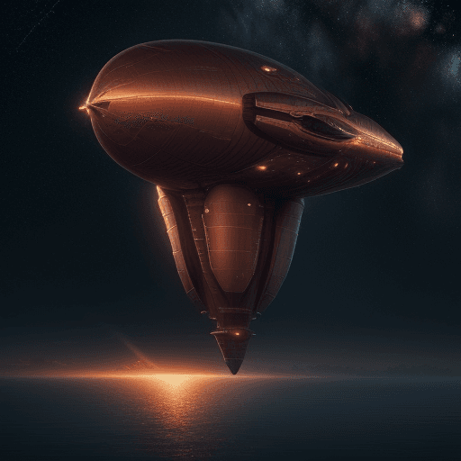 AI generated: spaceship shaped like a metallic airship, flying over a reddish sea, close to the surface, night, st...