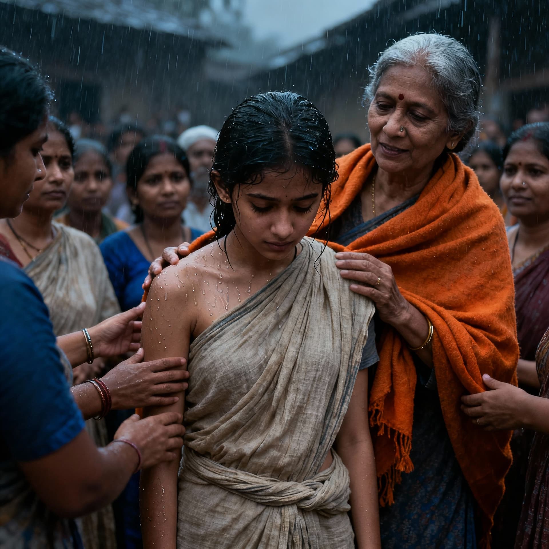 AI generated: A young woman wearing a simple khadi saree, gets caught in a sudden storm while returning from a vil...