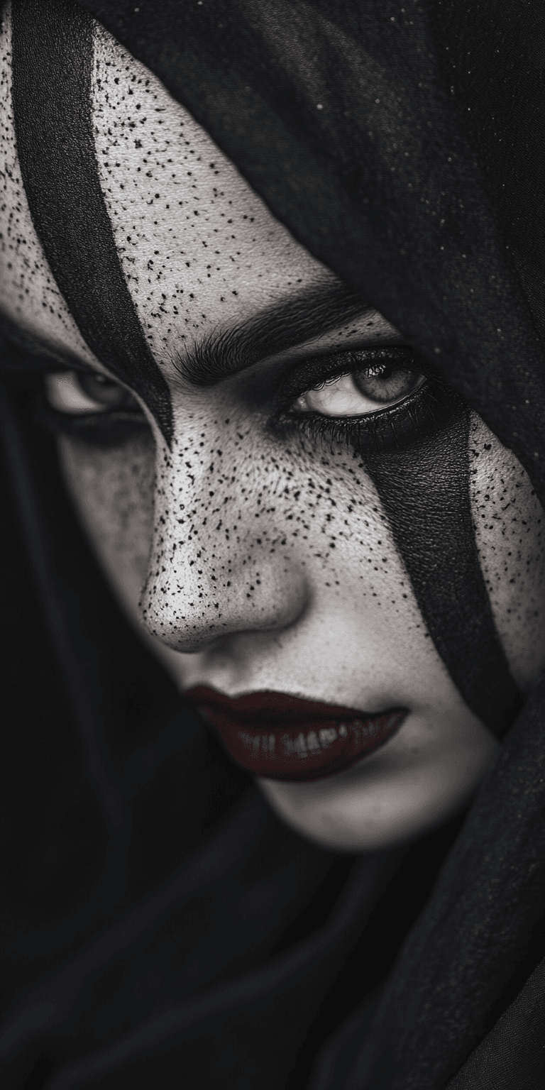 AI generated: A close-up portrait of an elegant woman with black and white makeup, wearing dark lipstick and cover...