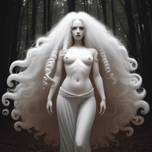 AI generated: white leon, long curly hair, calligraphy woman, performance art, freedom, fury, forest