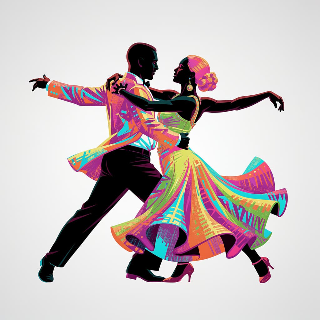 AI generated: Silhouette of couple dancing salsa in separated dynamic mid-spin pose, bodies distinctly apart showi...