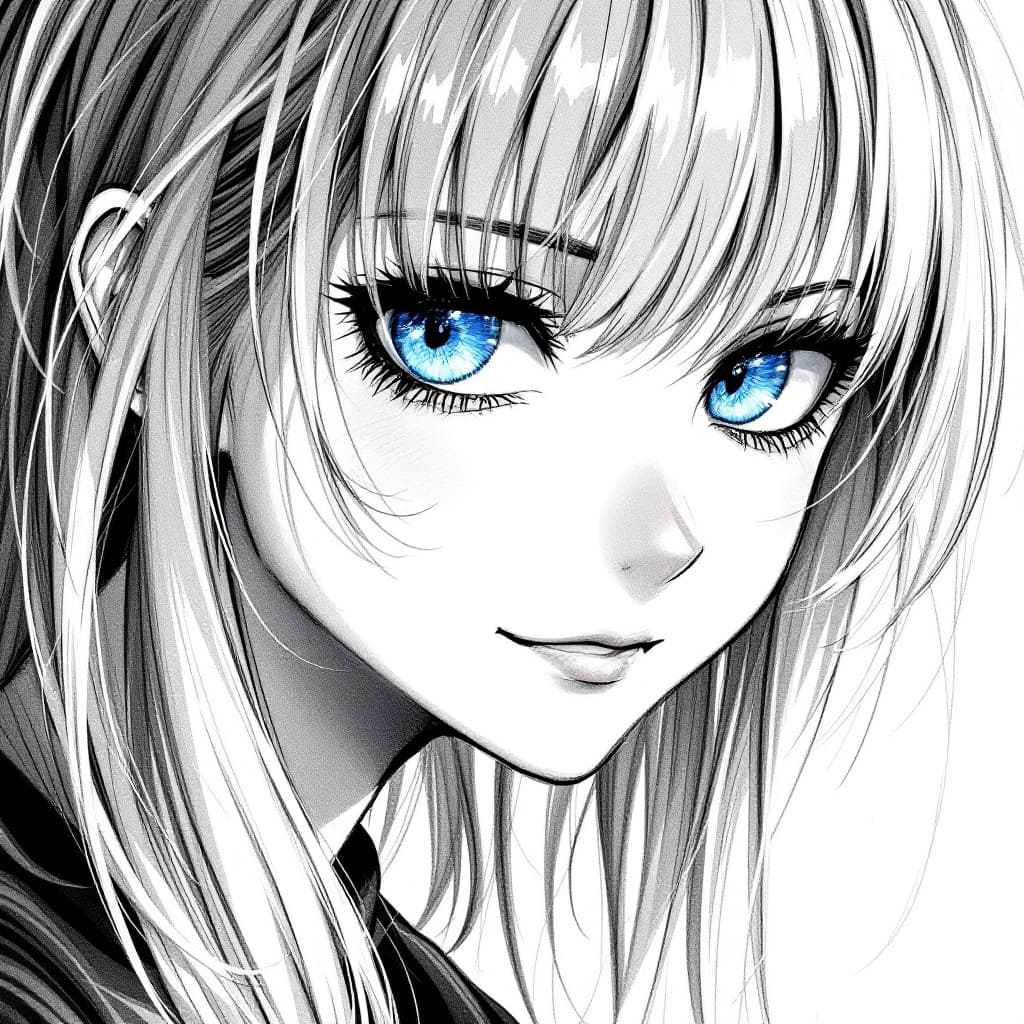 AI generated: Generate an image in which a girl, her skin and hairs are pure white (like uncoloured manga). Also t...