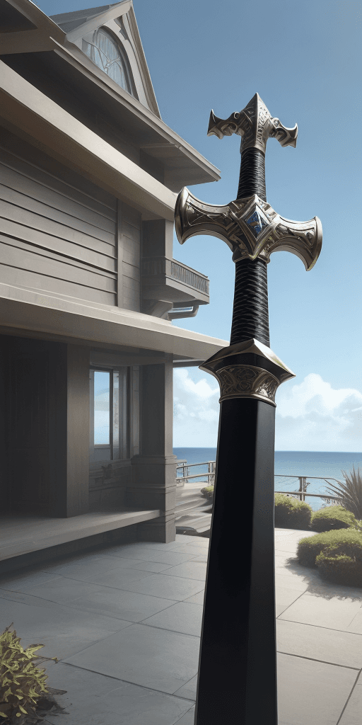 AI generated: Hyper-realistic eye level exterior photo of a realistic sword with long cross guards, round pommel, ...