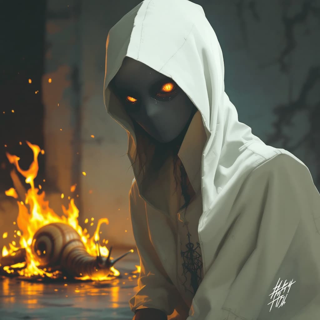 AI generated: He lowers at a snail's pace as her psychotic eyes burn from
               behind the mask.





