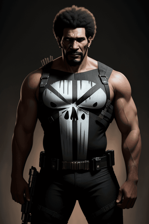 AI generated: afro latin man dressed as Punisher, (((full body visible))), looking at viewer, portrait, photograph...