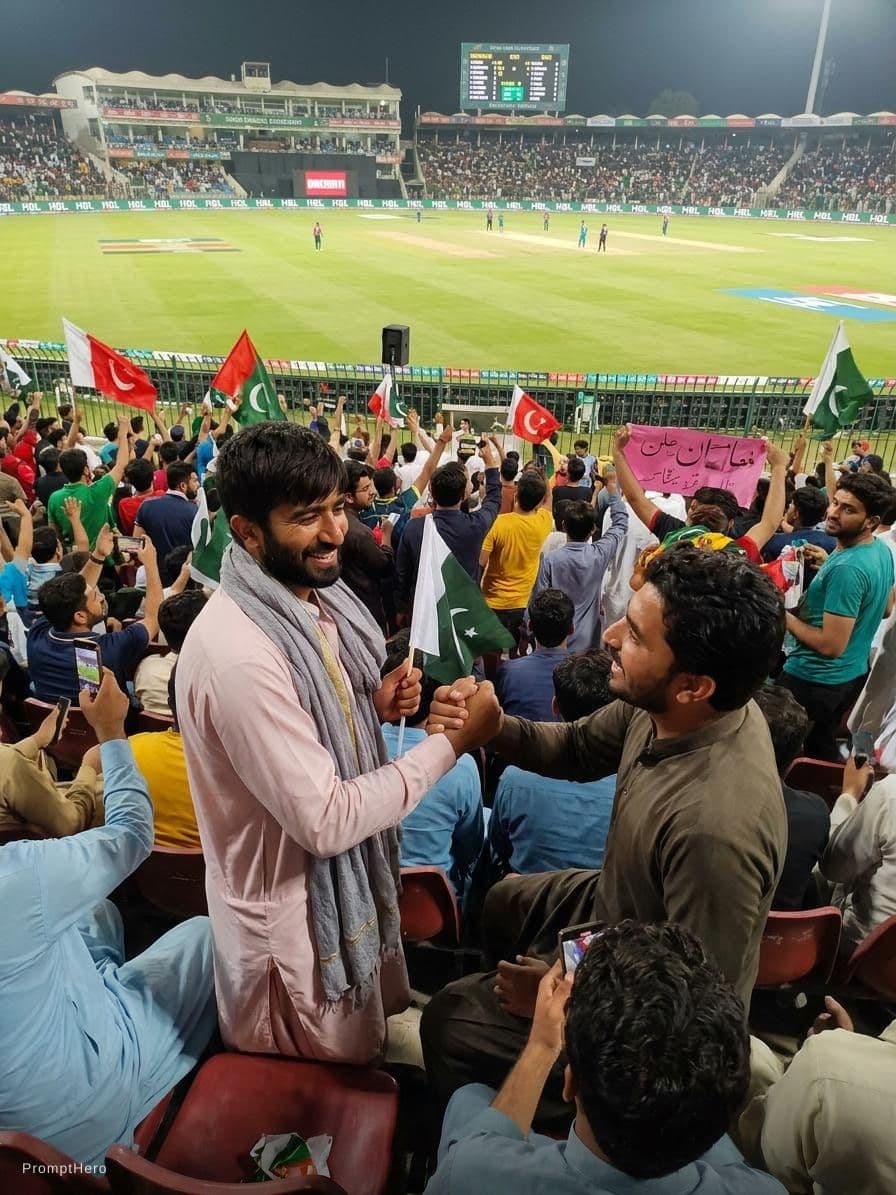 AI generated: Sit in cricket match in crowd shake hand
