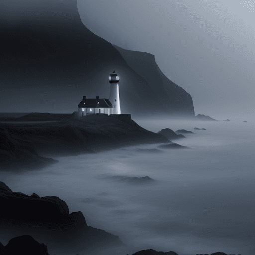 AI generated: a lighthouse in a mystic scenery in black and dark blue with mist