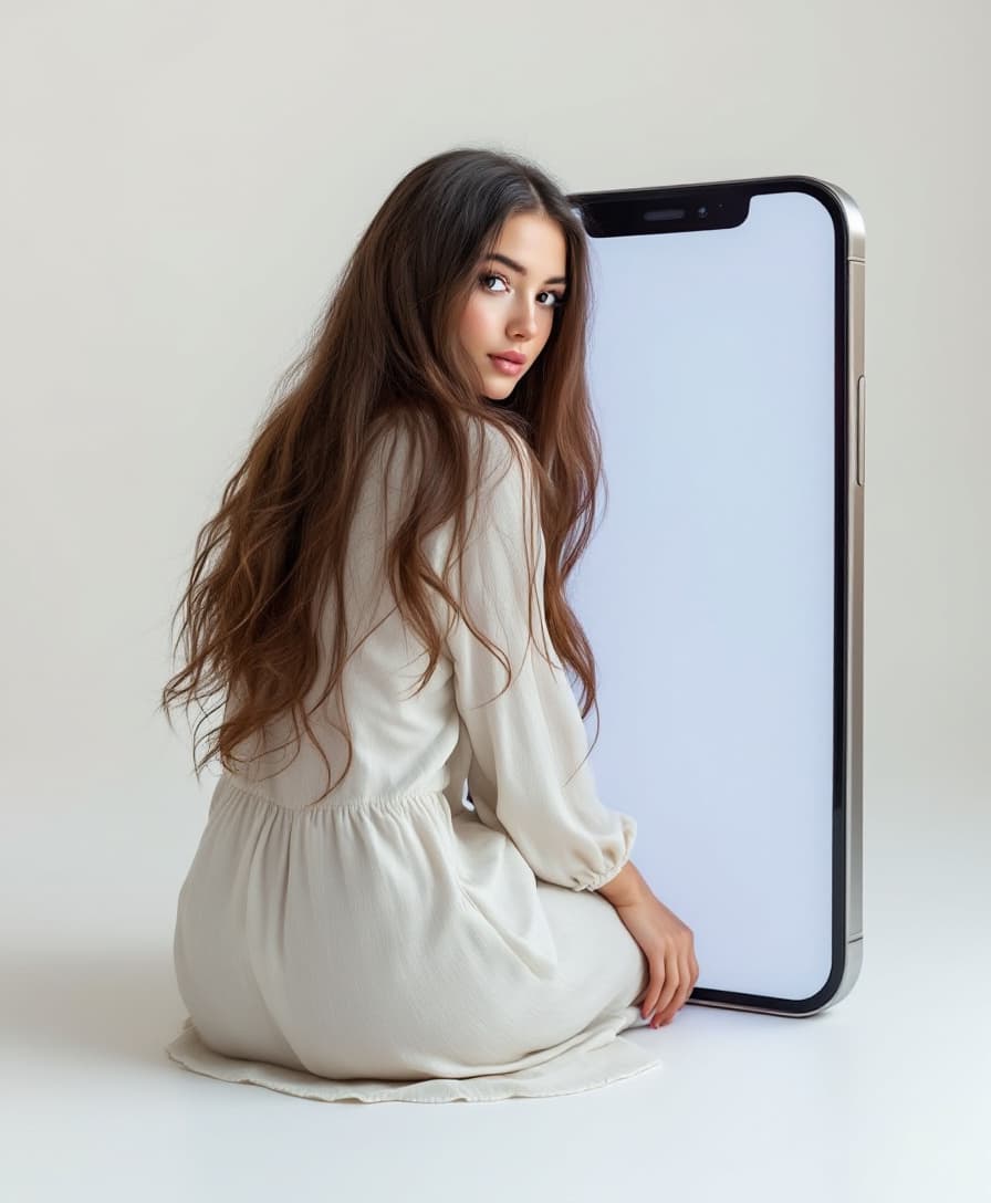 AI generated: A conceptual studio shot on a white background features a young, fair-skinned woman with long, dark ...